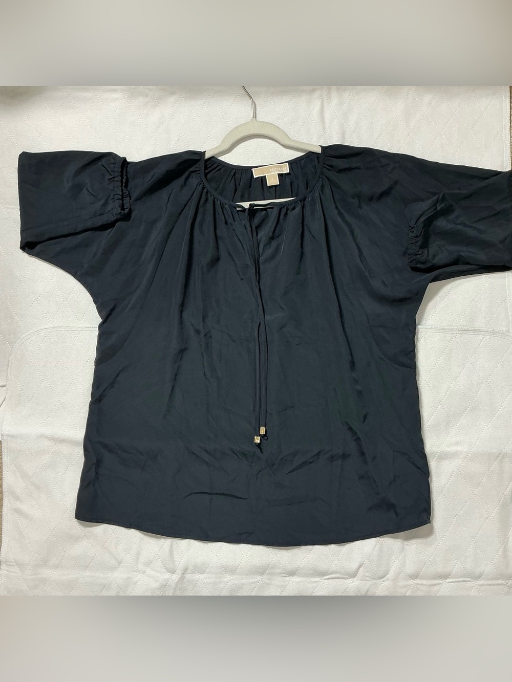 MICHAEL Michael Kors Navy Blue Satin Raglan Long Sleeve Blouse Size S Tie Neck